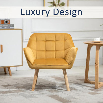HOMCOM Accent Chair, Velvet Upholstered Vanity Tub Chair with Flared Armrests, Slanted Back, Solid Wood Legs, Comfy Padding Armchair, Home Furniture Seating, Yellow Additional View 6