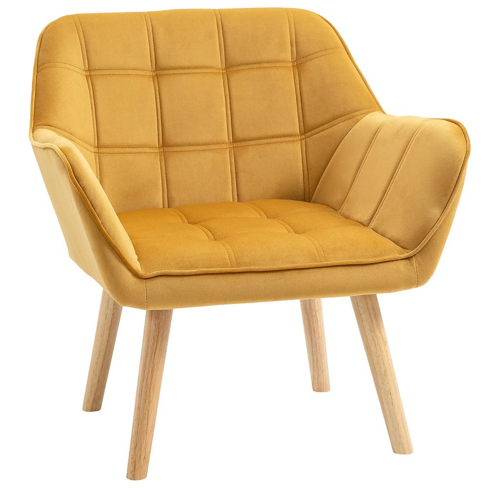 HOMCOM Accent Chair, Velvet Upholstered Vanity Tub Chair with Flared Armrests, Slanted Back, Solid Wood Legs, Comfy Padding Armchair, Home Furniture Seating, Yellow Additional View 10