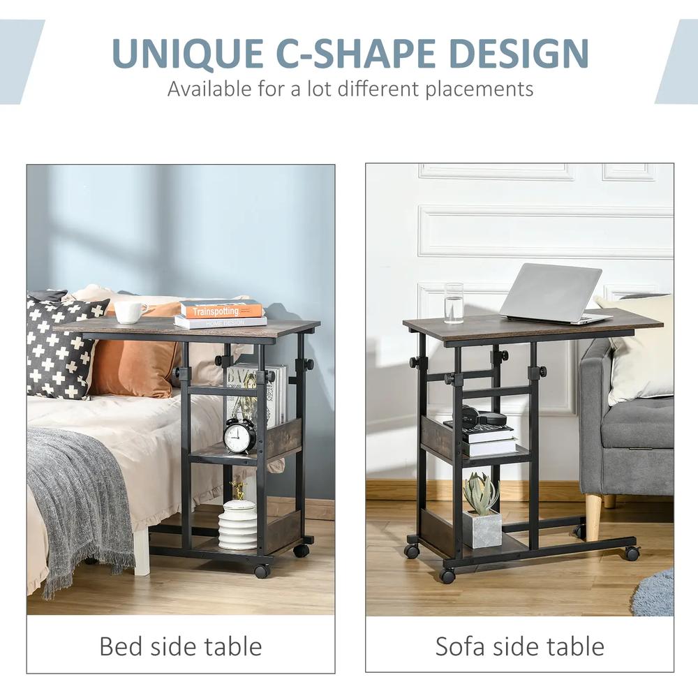 HOMCOM C-Shaped Side Table Industrial Mobile Rolling End Desk with 3-Tier Storage Shelving, Adjustable Height, Wheels Additional View 4
