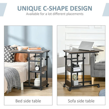 HOMCOM C-Shaped Side Table Industrial Mobile Rolling End Desk with 3-Tier Storage Shelving, Adjustable Height, Wheels Additional View 4