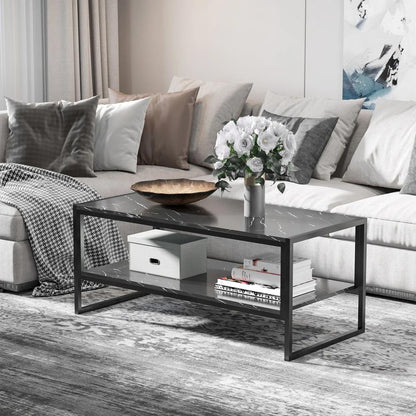 HOMCOM Coffee Table, Two-Tier Faux Marble Effect Centre Table with Metal Frame and Storage Shelf for Living Room, 106 x 50 x 45cm, Black Additional View 2