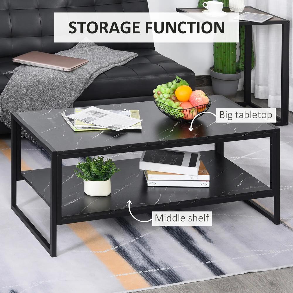 HOMCOM Coffee Table, Two-Tier Faux Marble Effect Centre Table with Metal Frame and Storage Shelf for Living Room, 106 x 50 x 45cm, Black Additional View 4