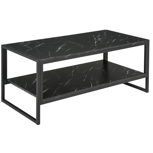 HOMCOM Coffee Table, Two-Tier Faux Marble Effect Centre Table with Metal Frame and Storage Shelf for Living Room, 106 x 50 x 45cm, Black