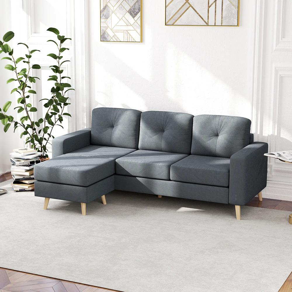 HOMCOM 3 Seater Sofa with Footstool, Fabric L-Shaped Sofa, Sectional Couch with Wood Legs, Tufting Cushioned Back for Small Space, Living Room, Office, Dark Grey Additional View 2