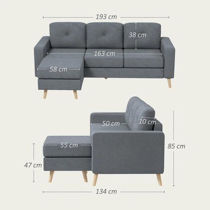 HOMCOM 3 Seater Sofa with Footstool, Fabric L-Shaped Sofa, Sectional Couch with Wood Legs, Tufting Cushioned Back for Small Space, Living Room, Office, Dark Grey Additional View 3