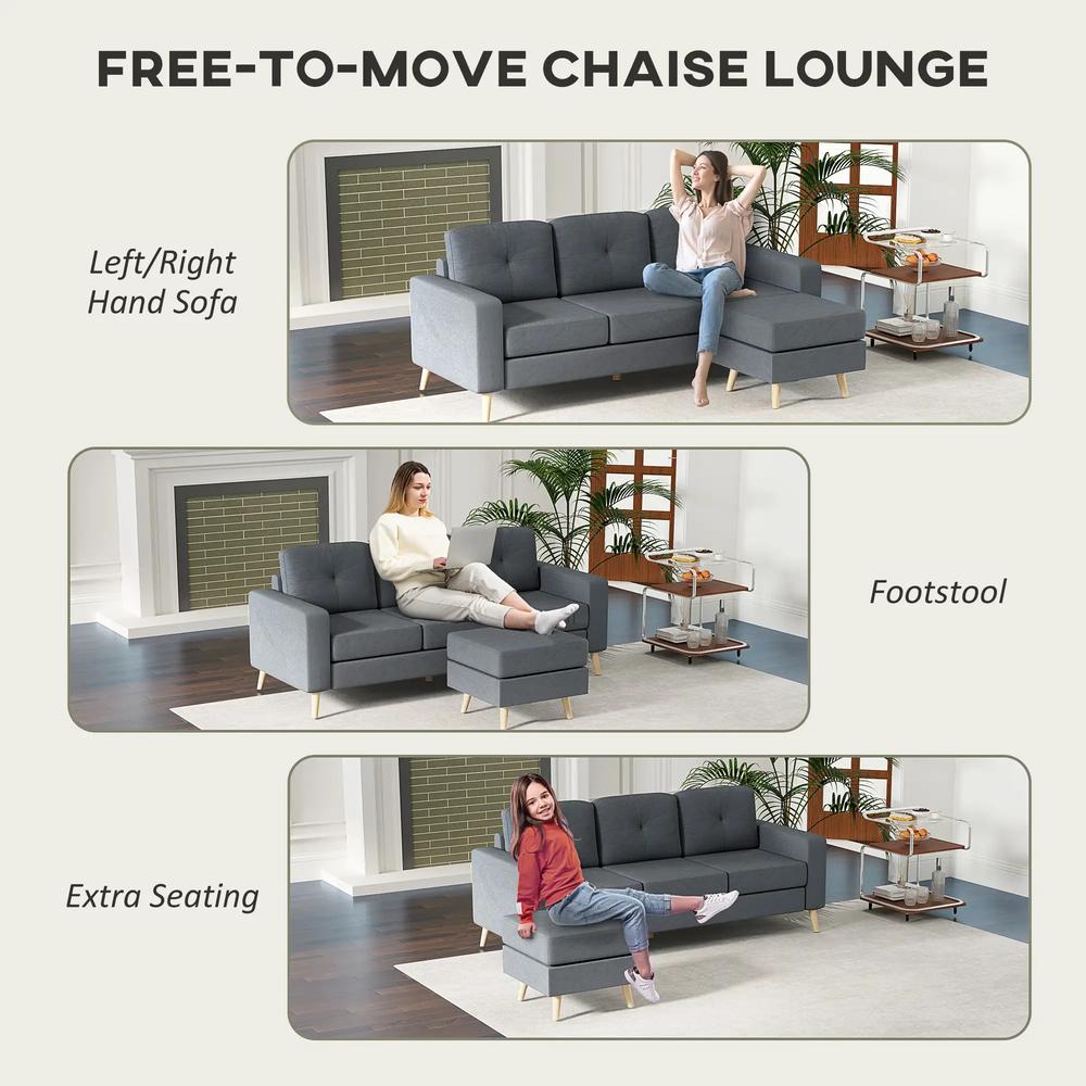 HOMCOM 3 Seater Sofa with Footstool, Fabric L-Shaped Sofa, Sectional Couch with Wood Legs, Tufting Cushioned Back for Small Space, Living Room, Office, Dark Grey Additional View 4