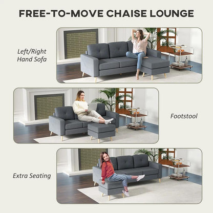 HOMCOM 3 Seater Sofa with Footstool, Fabric L-Shaped Sofa, Sectional Couch with Wood Legs, Tufting Cushioned Back for Small Space, Living Room, Office, Dark Grey Additional View 4