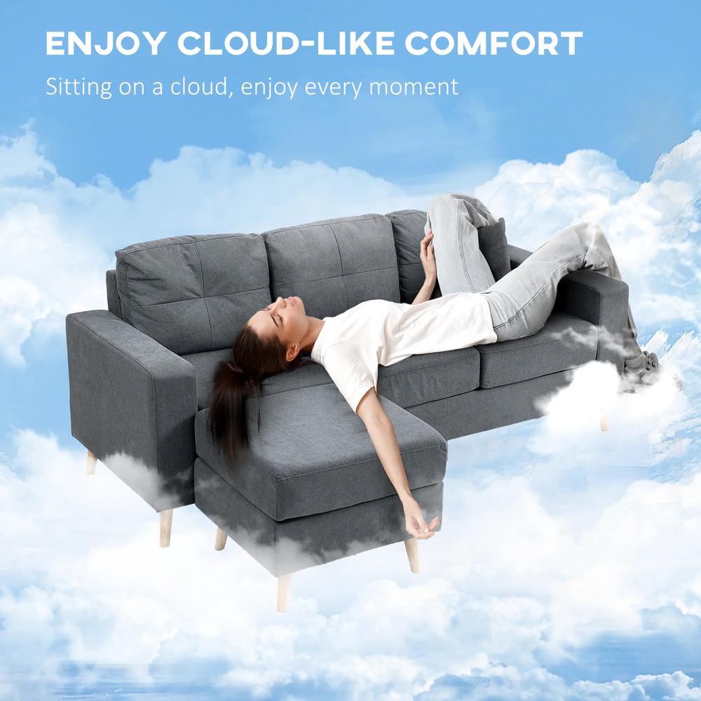 HOMCOM 3 Seater Sofa with Footstool, Fabric L-Shaped Sofa, Sectional Couch with Wood Legs, Tufting Cushioned Back for Small Space, Living Room, Office, Dark Grey Additional View 8