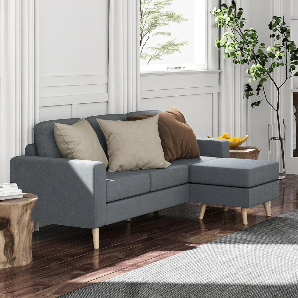 HOMCOM 3 Seater Sofa with Footstool, Fabric L-Shaped Sofa, Sectional Couch with Wood Legs, Tufting Cushioned Back for Small Space, Living Room, Office, Dark Grey Additional View 10