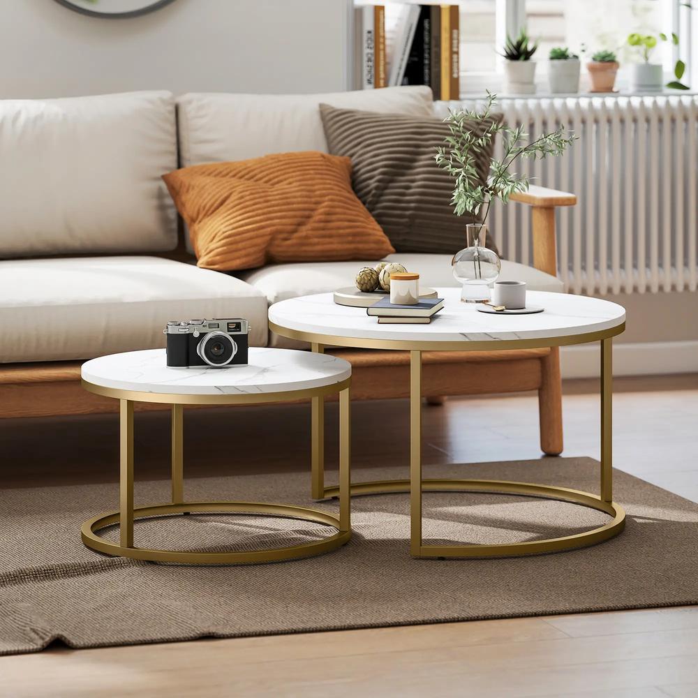 HOMCOM 2 Pcs Stacking Coffee Table Set Nesting Tables with Steel Frame for Living Room Marble White/Gold Additional View 11