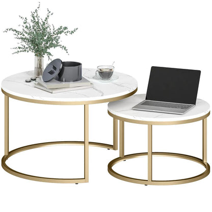 HOMCOM 2 Pcs Stacking Coffee Table Set Nesting Tables with Steel Frame for Living Room Marble White/Gold Additional View 12