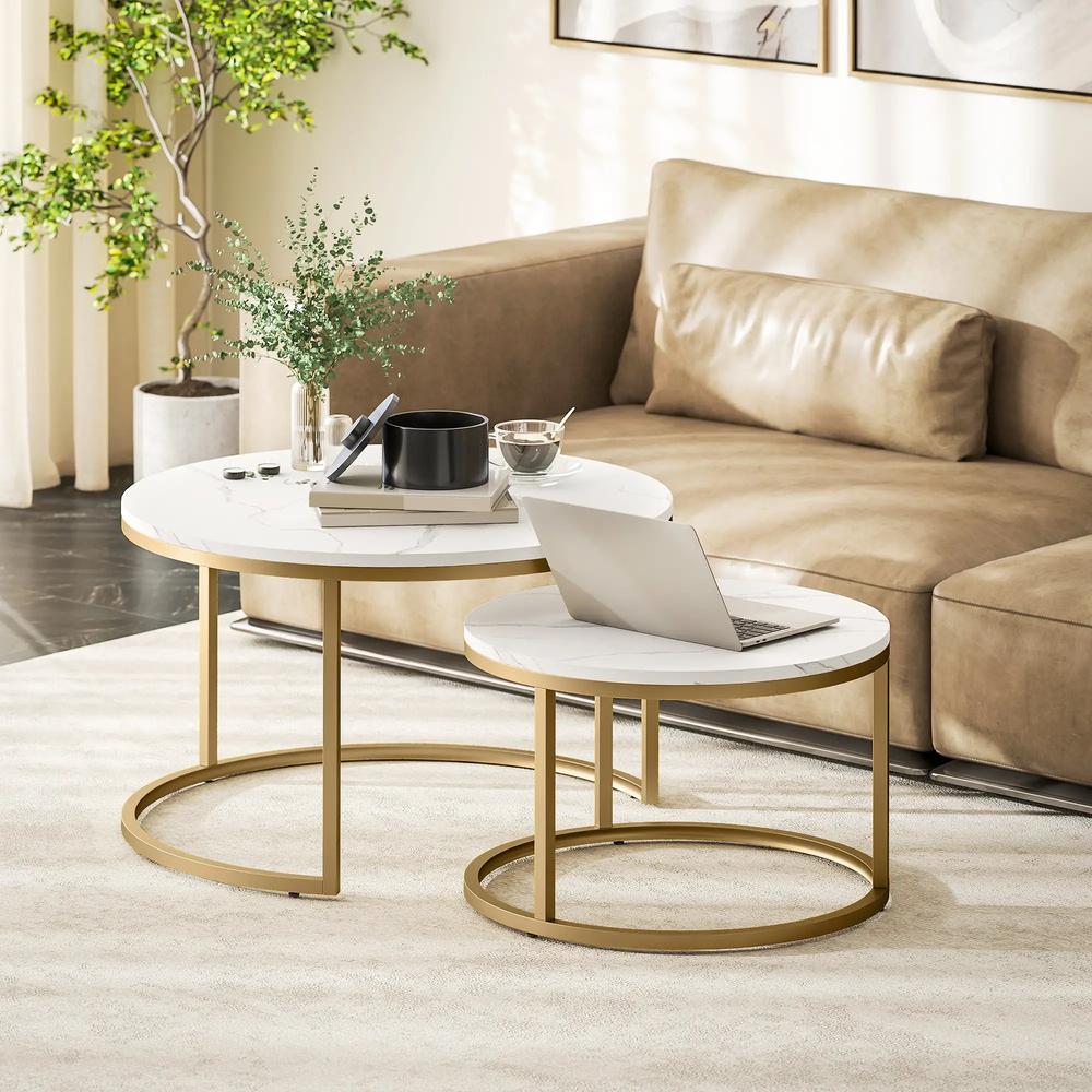 HOMCOM 2 Pcs Stacking Coffee Table Set Nesting Tables with Steel Frame for Living Room Marble White/Gold Additional View 2