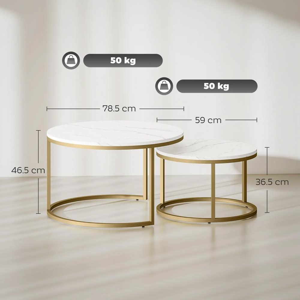 HOMCOM 2 Pcs Stacking Coffee Table Set Nesting Tables with Steel Frame for Living Room Marble White/Gold Additional View 3