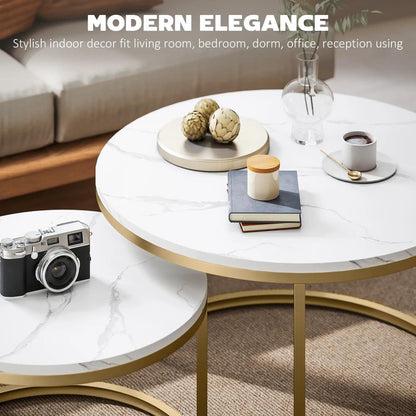HOMCOM 2 Pcs Stacking Coffee Table Set Nesting Tables with Steel Frame for Living Room Marble White/Gold Additional View 4