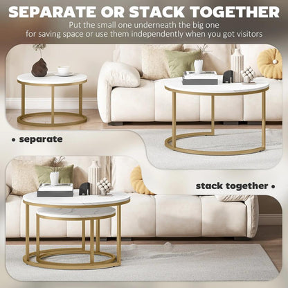 HOMCOM 2 Pcs Stacking Coffee Table Set Nesting Tables with Steel Frame for Living Room Marble White/Gold Additional View 5