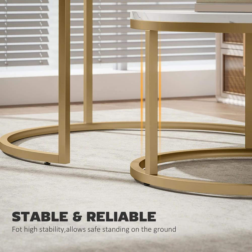 HOMCOM 2 Pcs Stacking Coffee Table Set Nesting Tables with Steel Frame for Living Room Marble White/Gold Additional View 6