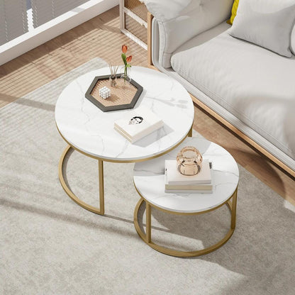 HOMCOM 2 Pcs Stacking Coffee Table Set Nesting Tables with Steel Frame for Living Room Marble White/Gold Additional View 8