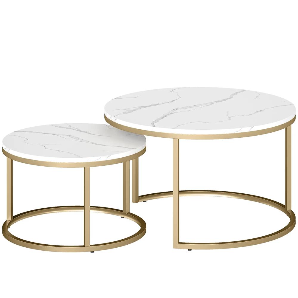 HOMCOM 2 Pcs Stacking Coffee Table Set Nesting Tables with Steel Frame for Living Room Marble White/Gold