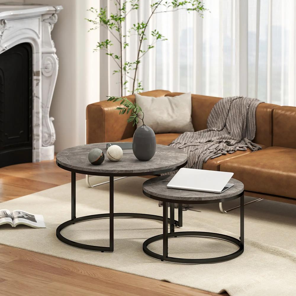 HOMCOM Industrial Nesting Coffee Table Set of 2, Round Coffee Tables, Living Room Table with Faux Marbled Top and Steel Frame Additional View 2