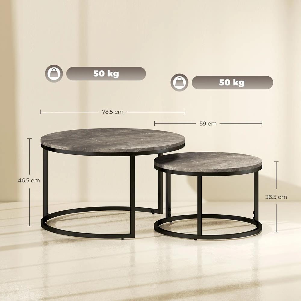 HOMCOM Industrial Nesting Coffee Table Set of 2, Round Coffee Tables, Living Room Table with Faux Marbled Top and Steel Frame Additional View 3