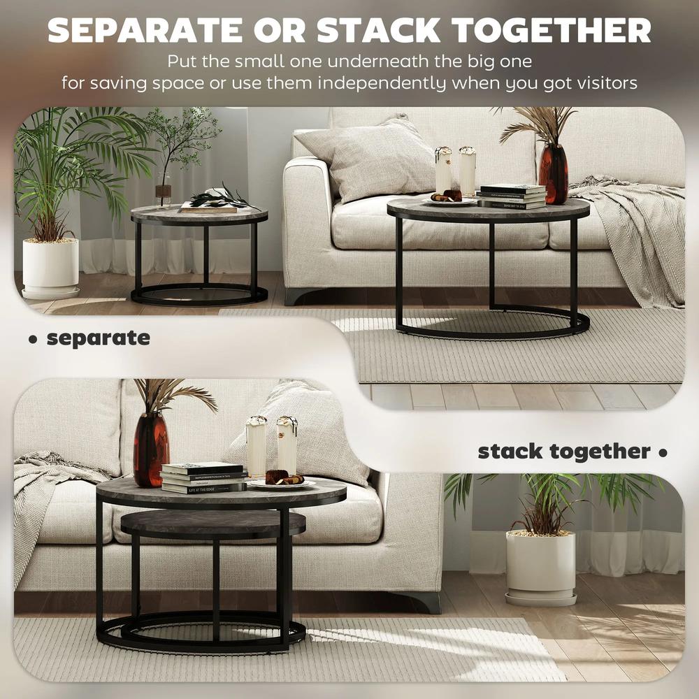 HOMCOM Industrial Nesting Coffee Table Set of 2, Round Coffee Tables, Living Room Table with Faux Marbled Top and Steel Frame Additional View 5