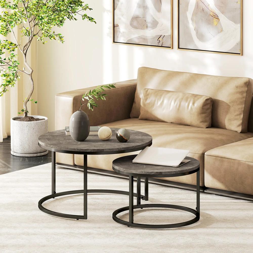 HOMCOM Industrial Nesting Coffee Table Set of 2, Round Coffee Tables, Living Room Table with Faux Marbled Top and Steel Frame Additional View 8