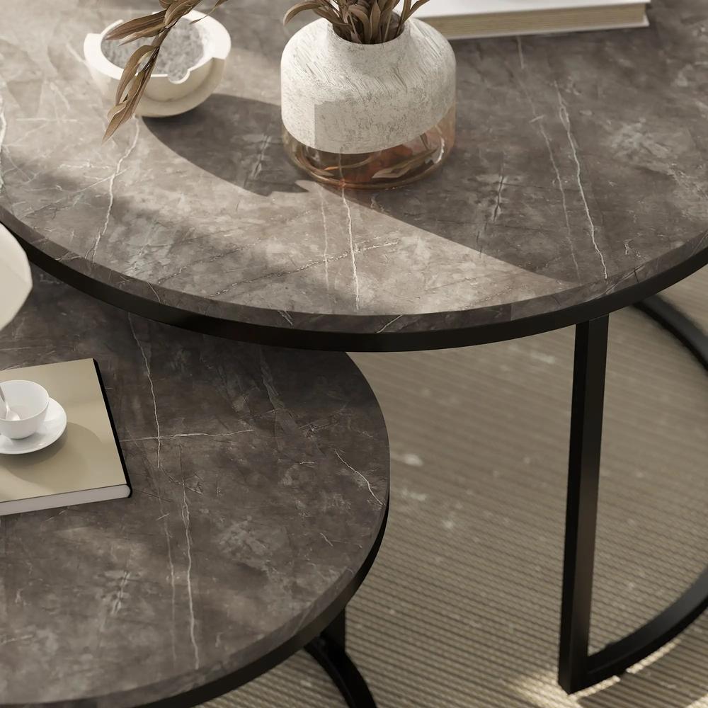 HOMCOM Industrial Nesting Coffee Table Set of 2, Round Coffee Tables, Living Room Table with Faux Marbled Top and Steel Frame Additional View 9
