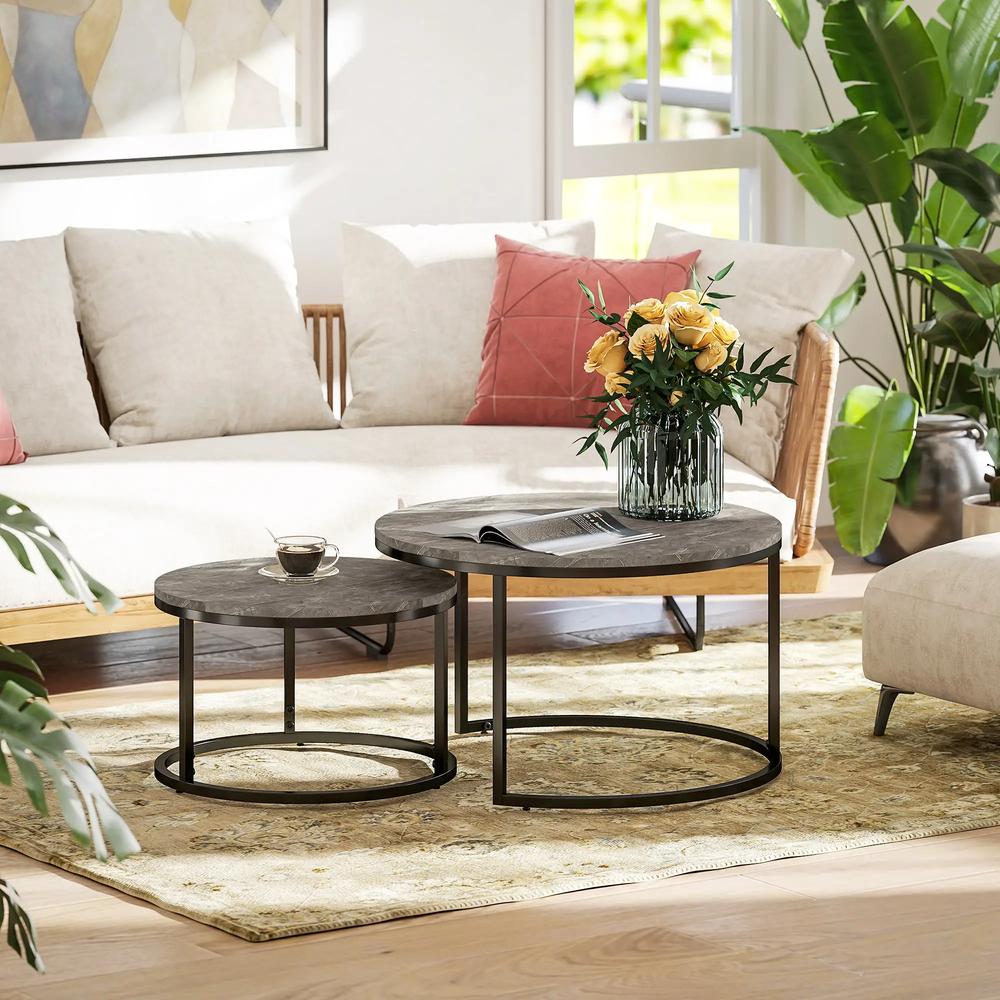 HOMCOM Industrial Nesting Coffee Table Set of 2, Round Coffee Tables, Living Room Table with Faux Marbled Top and Steel Frame Additional View 10