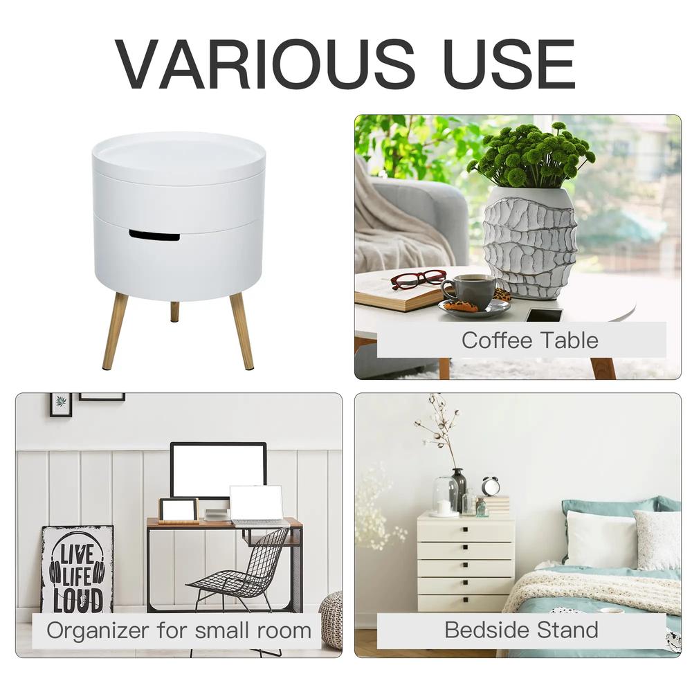 HOMCOM 3-Tier Coffee Table, Round End Table with 2 Hidden Compartments and Detachable Tray, Side Table with Storage for Living Room, White Additional View 7