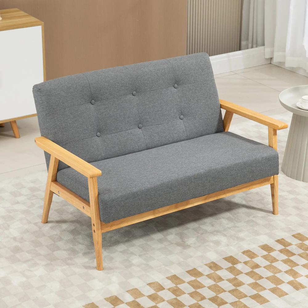 HOMCOM 2 Seater Sofa Modern Linen Fabric Upholstery Tufted Couch with Rubberwood Legs for Living Room and Kitchen, Dark Grey Additional View 2