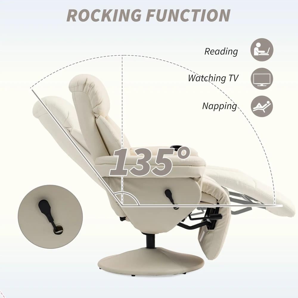 HOMCOM Manual Recliner Chair with Footrest, Upholstered Reclining Armchair with Adjustable Backrest and Cup Holder, PU Leather Swivel Chair for Living Room, Bedroom, Cream White Additional View 4