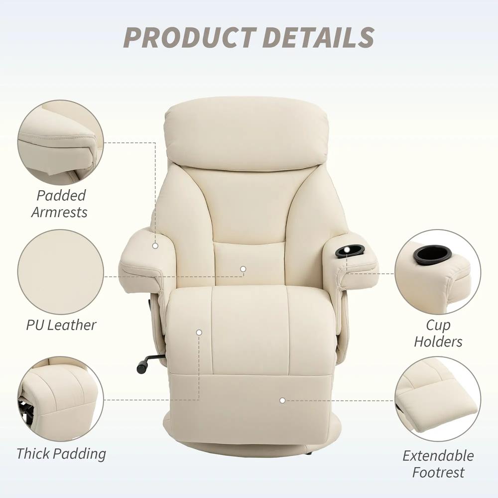 HOMCOM Manual Recliner Chair with Footrest, Upholstered Reclining Armchair with Adjustable Backrest and Cup Holder, PU Leather Swivel Chair for Living Room, Bedroom, Cream White Additional View 5