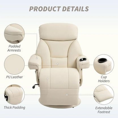 HOMCOM Manual Recliner Chair with Footrest, Upholstered Reclining Armchair with Adjustable Backrest and Cup Holder, PU Leather Swivel Chair for Living Room, Bedroom, Cream White Additional View 5