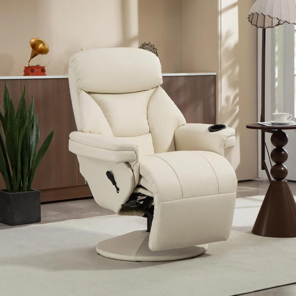 HOMCOM Manual Recliner Chair with Footrest, Upholstered Reclining Armchair with Adjustable Backrest and Cup Holder, PU Leather Swivel Chair for Living Room, Bedroom, Cream White Additional View 10