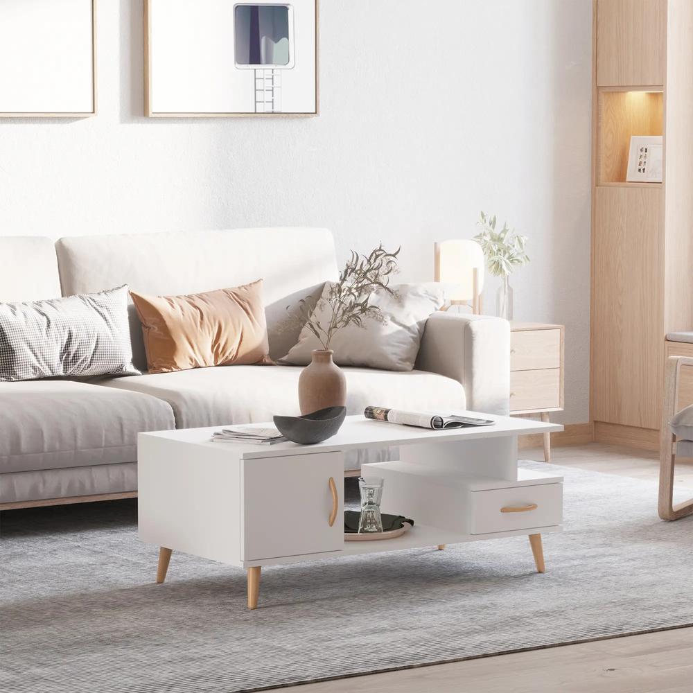 HOMCOM Modern Minimalism Coffee Table with Storage, Sofa Side Table with Shelf & Drawer for Living Room Reception Room, White Additional View 2