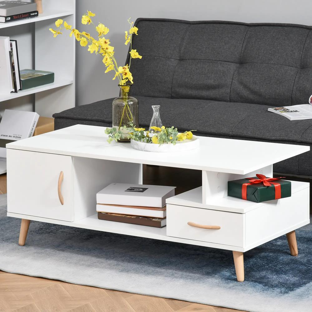 HOMCOM Modern Minimalism Coffee Table with Storage, Sofa Side Table with Shelf & Drawer for Living Room Reception Room, White Additional View 10