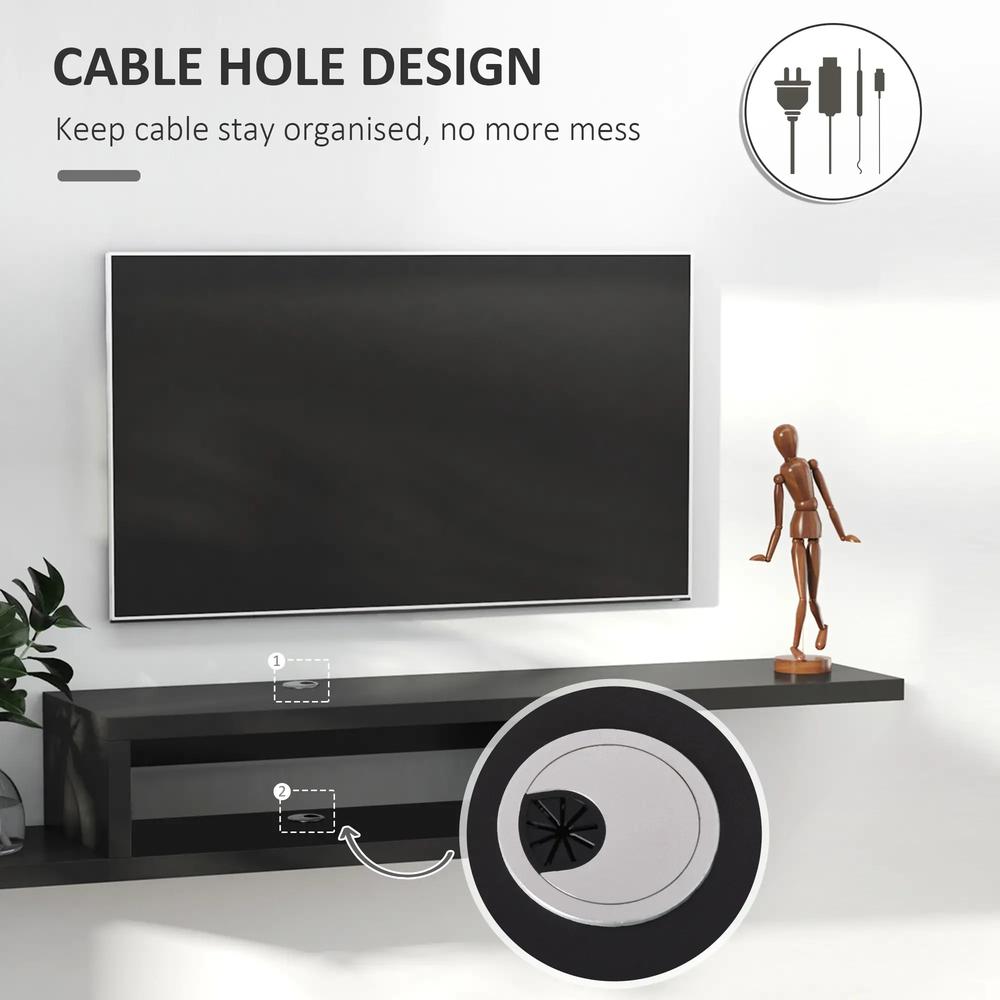 HOMCOM Floating TV Unit, Wall Mounted TV Stand with Open Shelf and 2 Cable Holes, Entertainment Unit for Living Room, Black Additional View 4