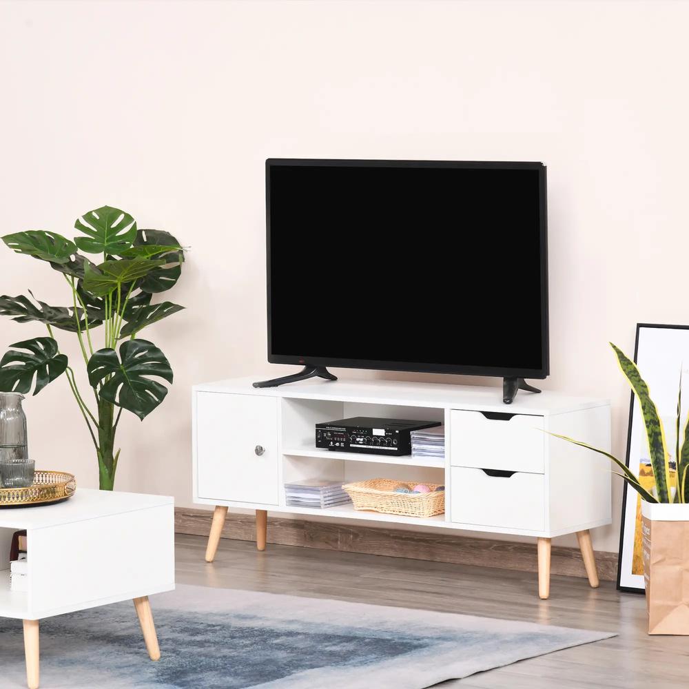 HOMCOM TV Stand for TVs up to 50", TV Console Cabinet with Open Storage Shelf and Drawers for Living Room, Entertainment Room and Bedroom, White Additional View 2