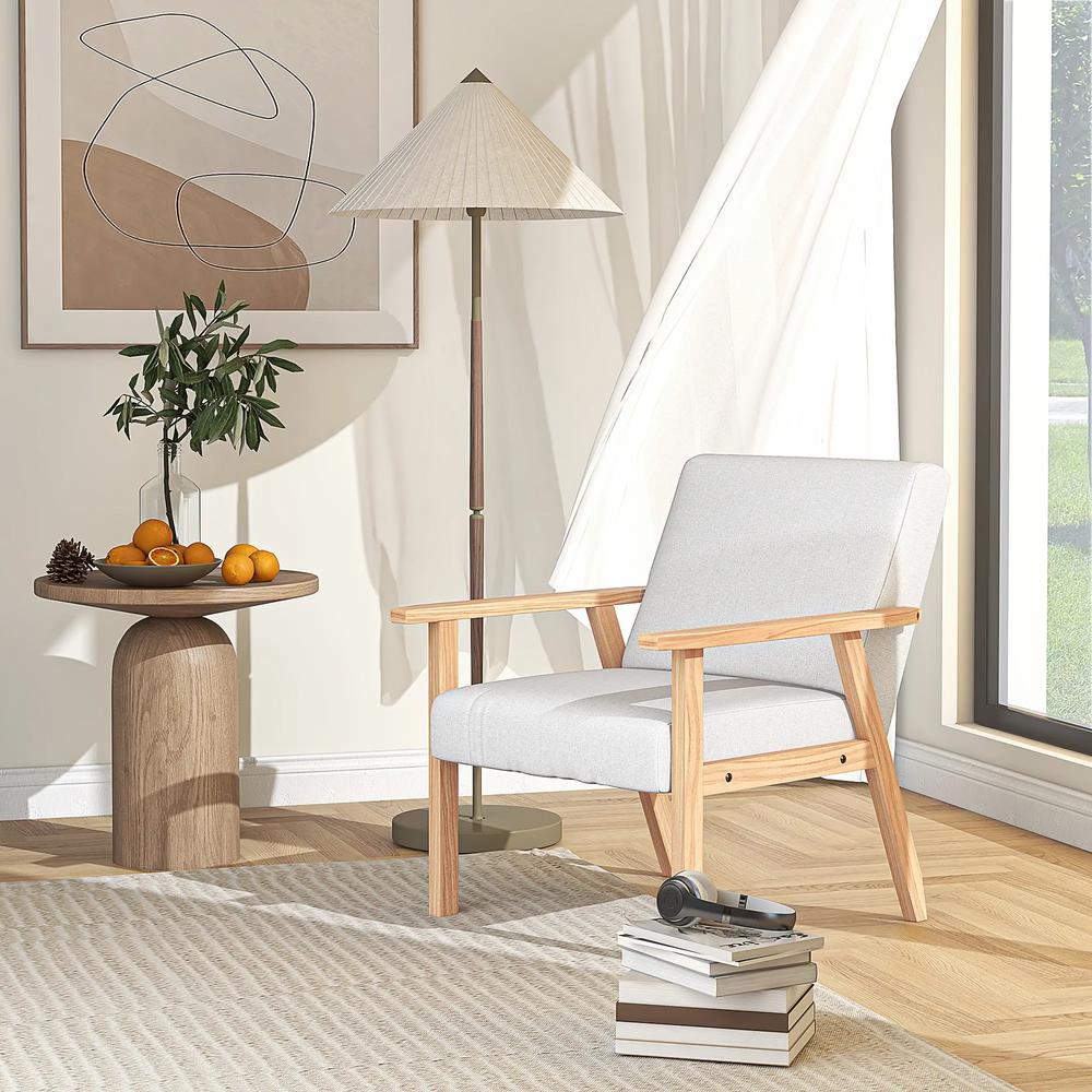 HOMCOM Modern Armchair, Linen Upholstered Accent Chair with Solid Wood Legs and Wide Seat, Padding Lounge Chair for Living Room Bedroom Office, Cream White Additional View 2