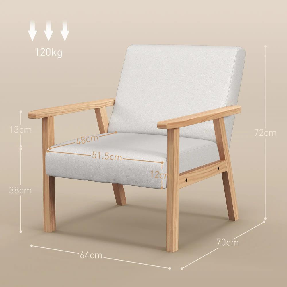 HOMCOM Modern Armchair, Linen Upholstered Accent Chair with Solid Wood Legs and Wide Seat, Padding Lounge Chair for Living Room Bedroom Office, Cream White Additional View 3