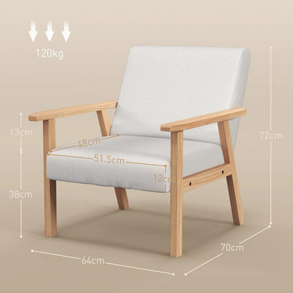 HOMCOM Modern Armchair, Linen Upholstered Accent Chair with Solid Wood Legs and Wide Seat, Padding Lounge Chair for Living Room Bedroom Office, Cream White Additional View 3