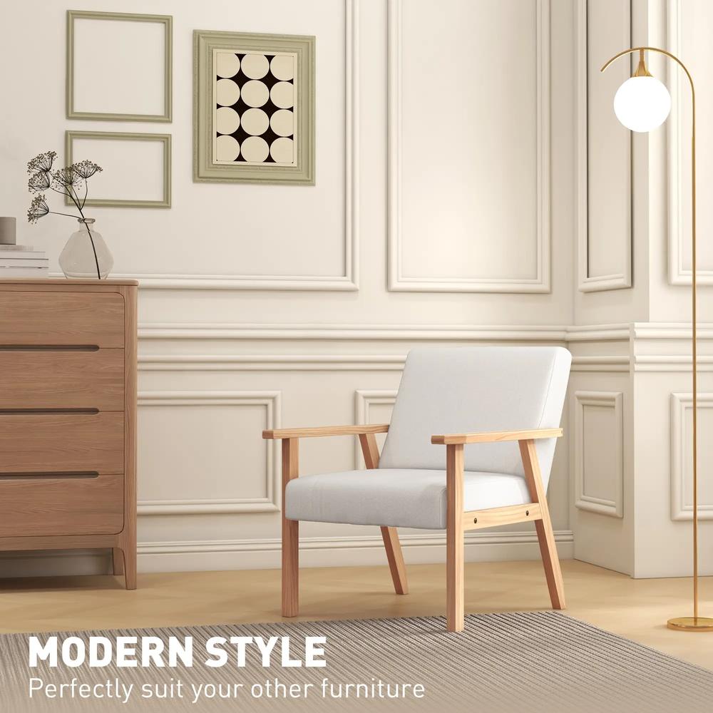 HOMCOM Modern Armchair, Linen Upholstered Accent Chair with Solid Wood Legs and Wide Seat, Padding Lounge Chair for Living Room Bedroom Office, Cream White Additional View 4