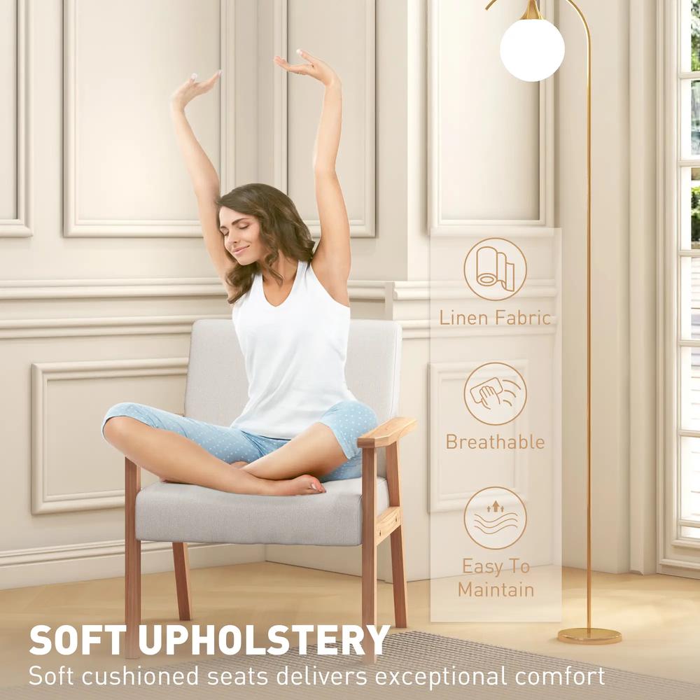 HOMCOM Modern Armchair, Linen Upholstered Accent Chair with Solid Wood Legs and Wide Seat, Padding Lounge Chair for Living Room Bedroom Office, Cream White Additional View 5