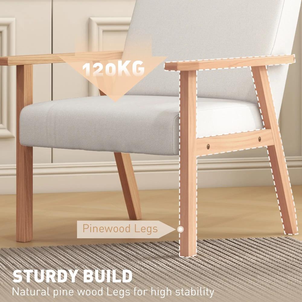 HOMCOM Modern Armchair, Linen Upholstered Accent Chair with Solid Wood Legs and Wide Seat, Padding Lounge Chair for Living Room Bedroom Office, Cream White Additional View 6