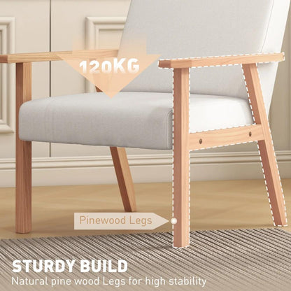 HOMCOM Modern Armchair, Linen Upholstered Accent Chair with Solid Wood Legs and Wide Seat, Padding Lounge Chair for Living Room Bedroom Office, Cream White Additional View 6