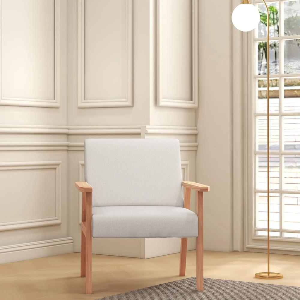 HOMCOM Modern Armchair, Linen Upholstered Accent Chair with Solid Wood Legs and Wide Seat, Padding Lounge Chair for Living Room Bedroom Office, Cream White Additional View 8