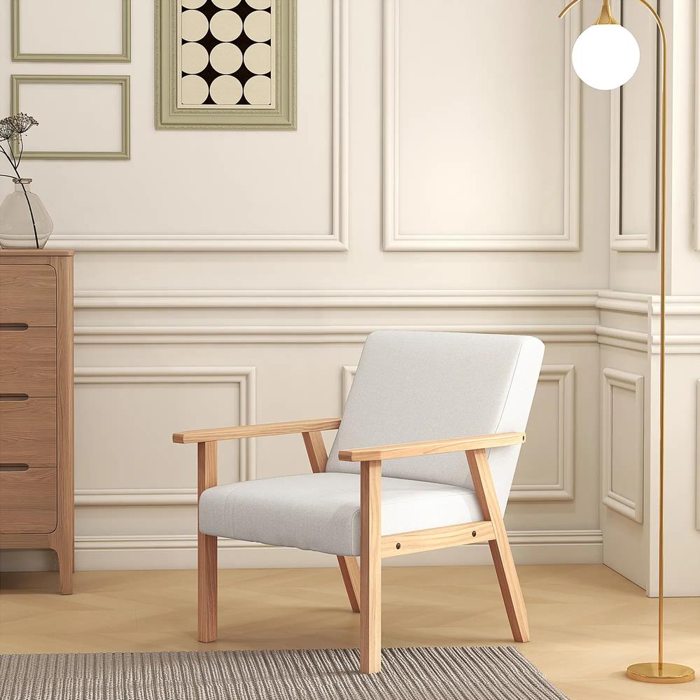 HOMCOM Modern Armchair, Linen Upholstered Accent Chair with Solid Wood Legs and Wide Seat, Padding Lounge Chair for Living Room Bedroom Office, Cream White Additional View 10
