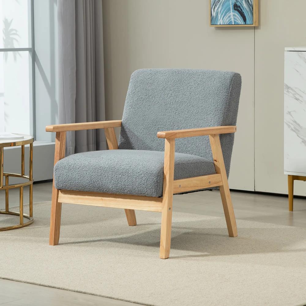 HOMCOM Modern Armchair, Sherpa Fleece Upholstered Accent Chair with Solid Wood Legs and Wide Seat, Padding Lounge Chair for Living Room Bedroom Office Additional View 2