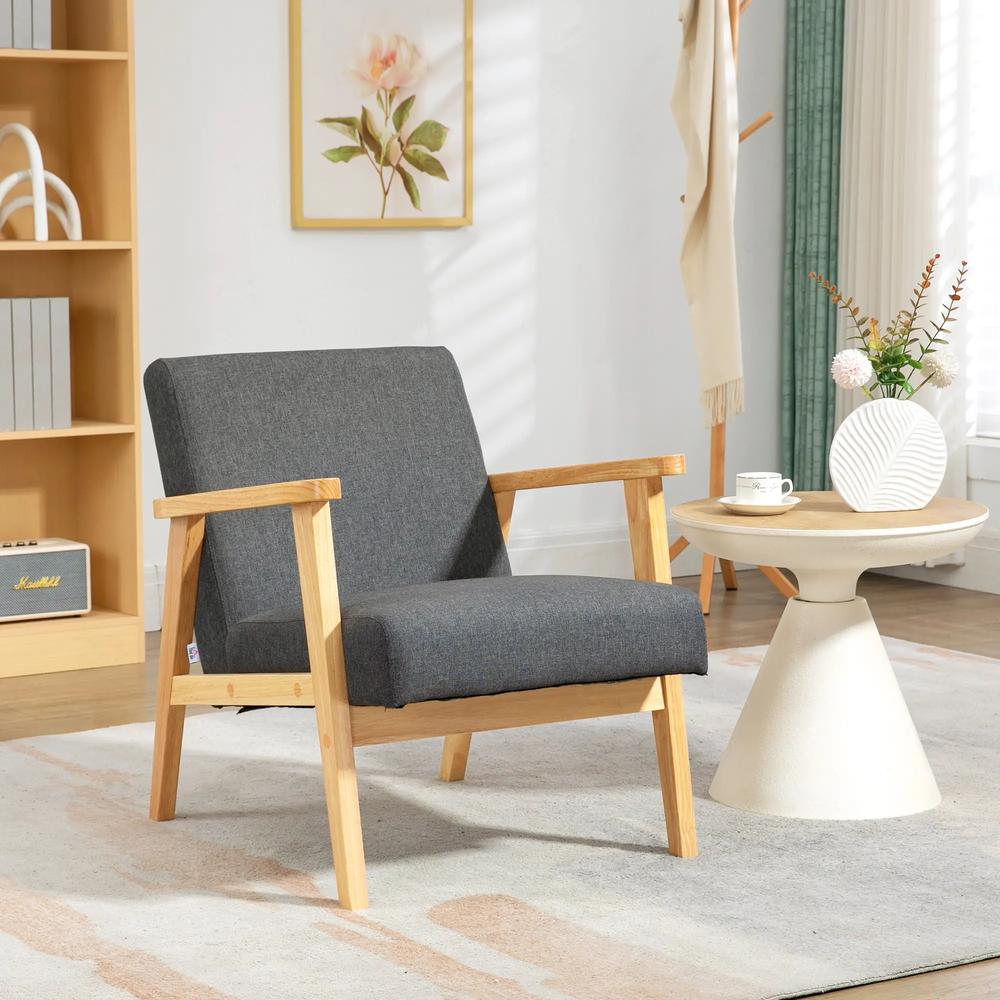 HOMCOM Fabric Accent Chair for Living Room, Arm Chair with Rubber Wood Frame and Padded Cushion, Dark Grey Additional View 2