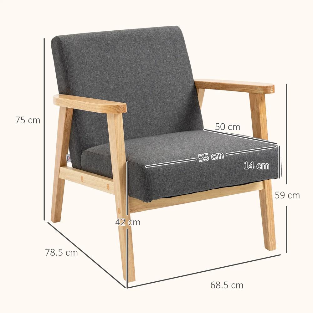 HOMCOM Fabric Accent Chair for Living Room, Arm Chair with Rubber Wood Frame and Padded Cushion, Dark Grey Additional View 3
